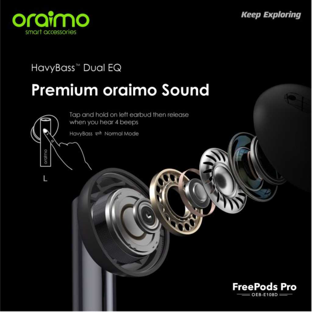 Oraimo FreePods Pro ANC Active Noise Cancellation TWS True Wireless Earbuds Headsets OEB-E108D - Black
