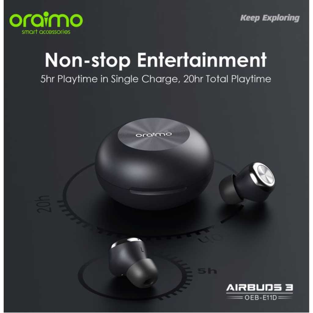 Oraimo AirBuds 3 Powerful Bass IPX7 Waterproof TWS True Wireless Earbuds, Headsets OEB-E11D - Black