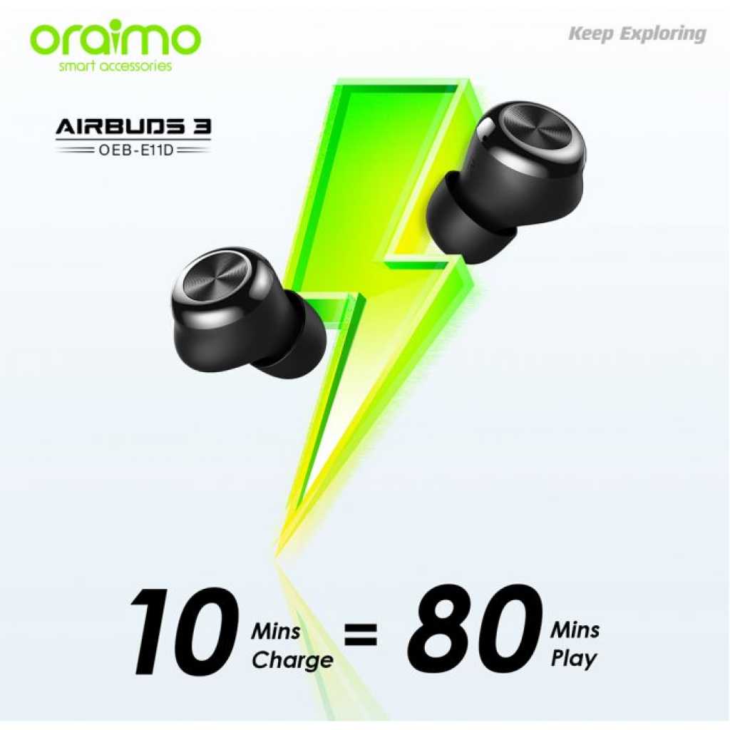 Oraimo AirBuds 3 Powerful Bass IPX7 Waterproof TWS True Wireless Earbuds, Headsets OEB-E11D - Black