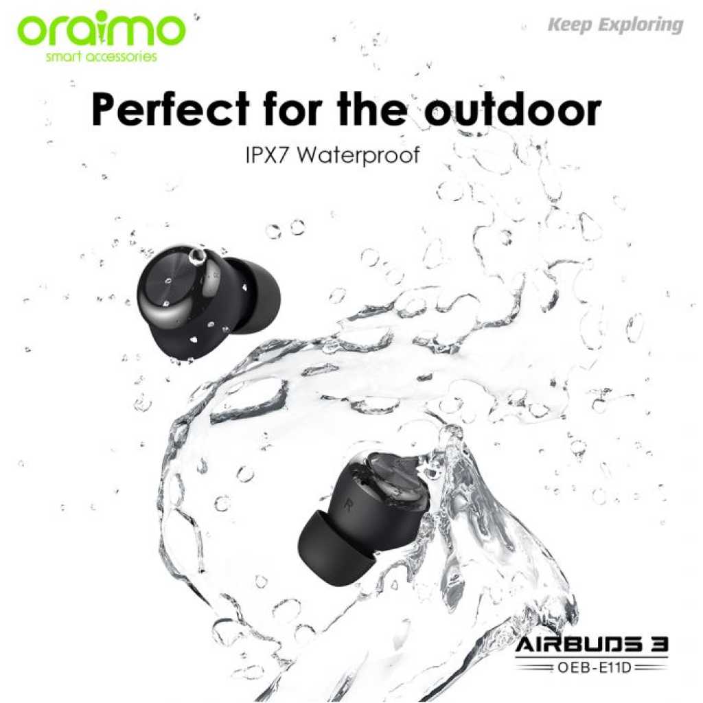 Oraimo AirBuds 3 Powerful Bass IPX7 Waterproof TWS True Wireless Earbuds, Headsets OEB-E11D - Black