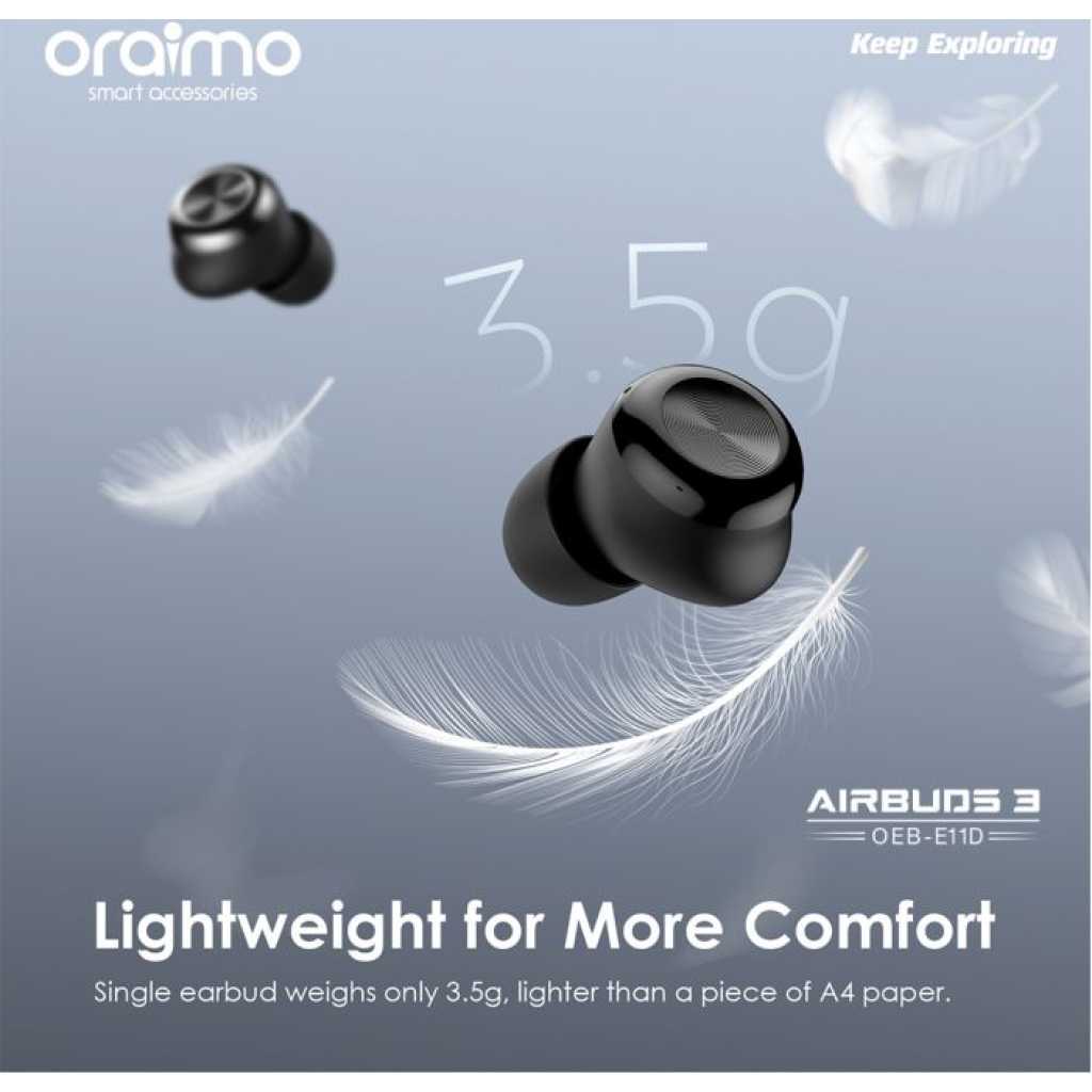 Oraimo AirBuds 3 Powerful Bass IPX7 Waterproof TWS True Wireless Earbuds, Headsets OEB-E11D - Black