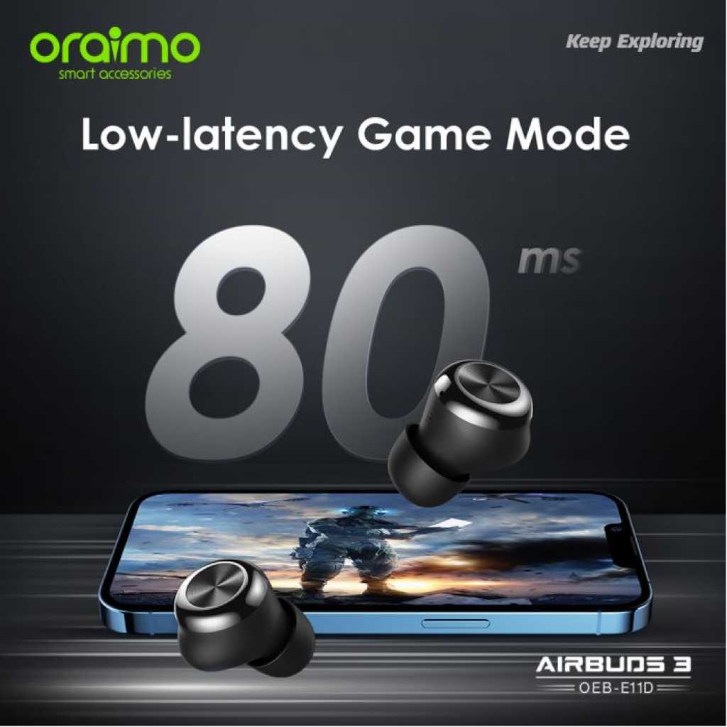 Oraimo AirBuds 3 Powerful Bass IPX7 Waterproof TWS True Wireless Earbuds, Headsets OEB-E11D - Black