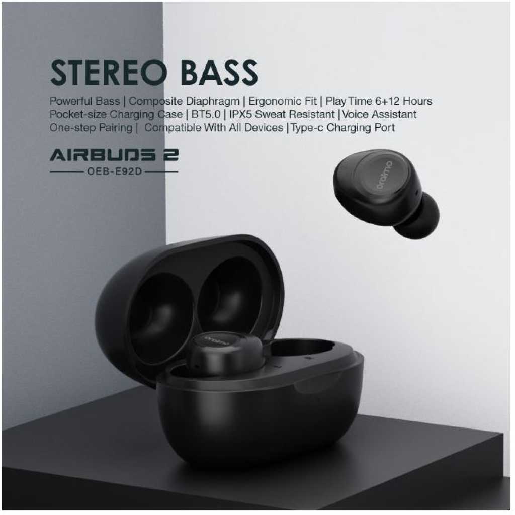 Oraimo AirBuds 2 Stereo Bass True Wireless In-Ear Earbuds - Black