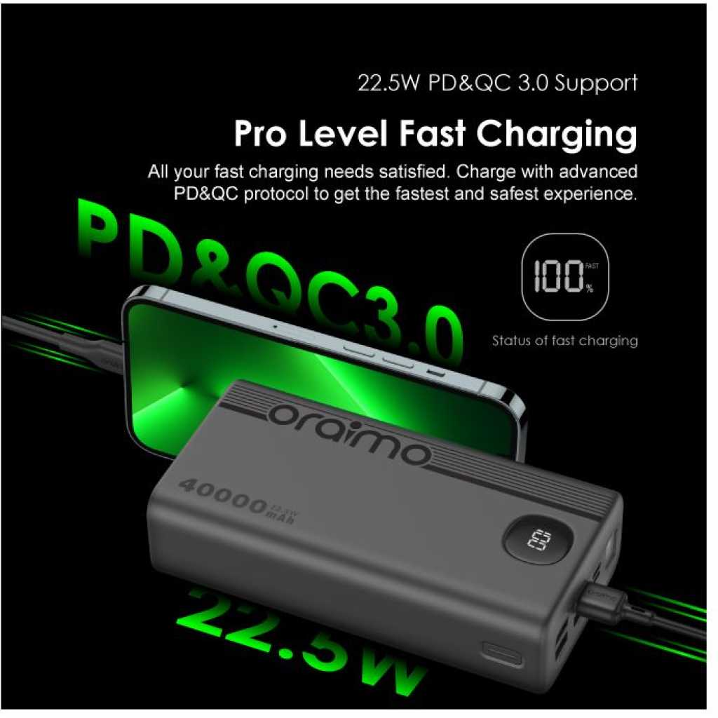 Oraimo 40000mAh Power Bank PowerBox 400 22.5W PD QC 3.0 Ultra-high Capacity 40000mAh Power Bank