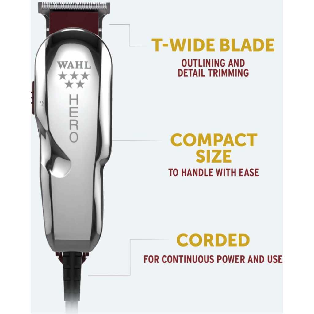 Wahl Hero Trimmer; Hair Clipper, Great for Barbers and Stylists – Powerful Standard Electromagnetic Motor – Includes 3 Guides, Oil, and Cleaning Brush- Black,Silver