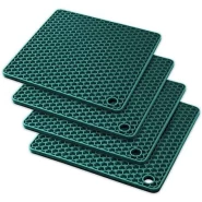 4 PC Square Silicone Trivet Pot Holders Drying Heat Resistant Non-Slip Mats Cup Coasters- Green.