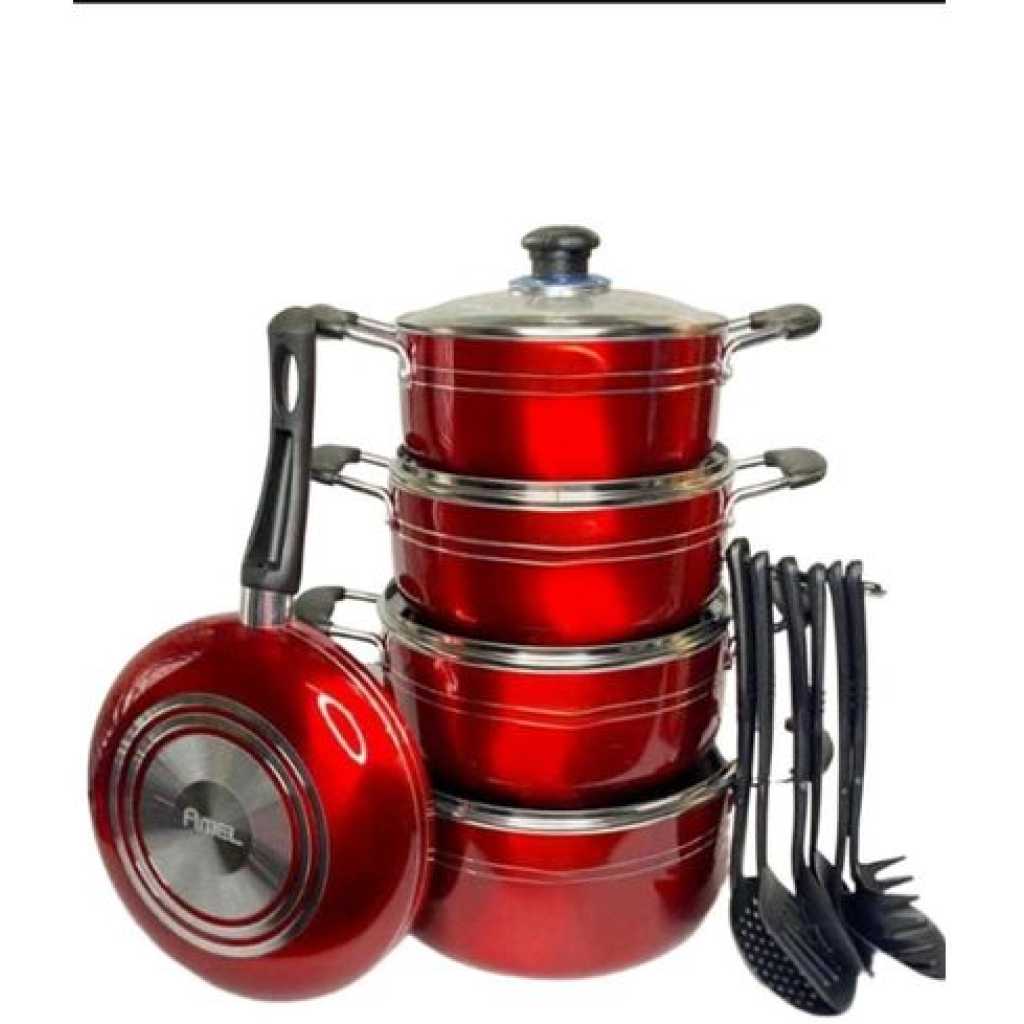 15PC Non-stick Saucepans Cookware Pots With Cutlery And Frying Pan -Red