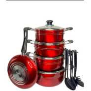 15PC Non-stick Saucepans Cookware Pots With Cutlery And Frying Pan -Red