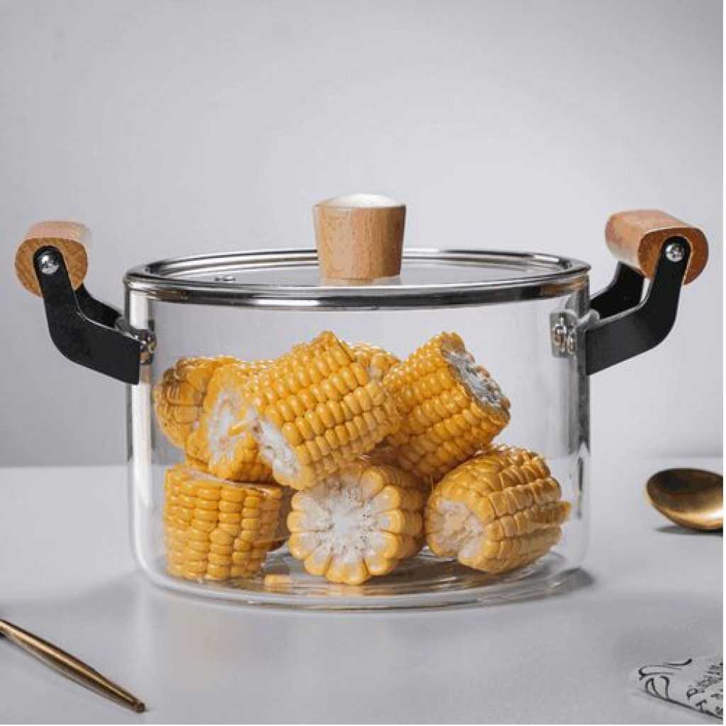 3.5L High Borosilicate Clear Glass Induction Stove Cooking Pot Dish With Wooden Handle- Clear