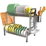 2 Tier Aluminum Plate Dish Drying Draining Rack Storage Organizer, Silver .