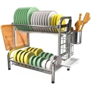 2 Tier Aluminum Plate Dish Drying Draining Rack Storage Organizer, Silver .