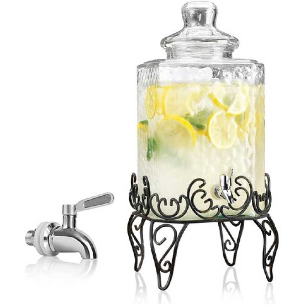 Hammered Glass Beverage Dispenser With Scroll Iron Stand, Stainless Steel Leak Free Spigot- Clear.