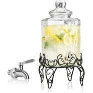 Hammered Glass Beverage Dispenser With Scroll Iron Stand, Stainless Steel Leak Free Spigot- Clear.