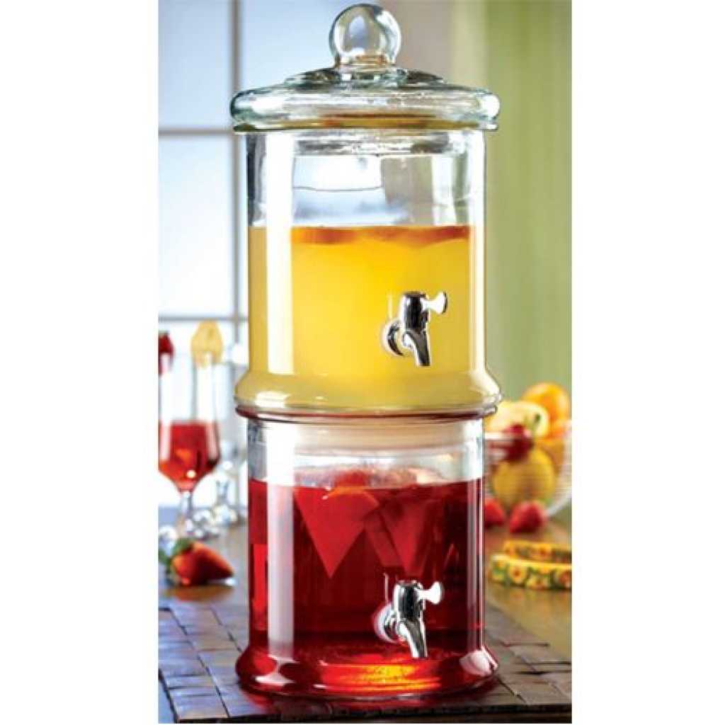 Double Glass Jug Beverage Dispensers Display With Stand For Outdoors, Parties, Bars- Clear.