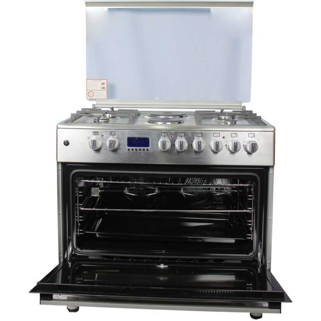 Blueflame Cooker 90x60cm 4-Gas Burners, 2-Electric Plates 9042ERF; Auto Ignition, Grill, Electric Oven, Rotisserie - INOX - Silver