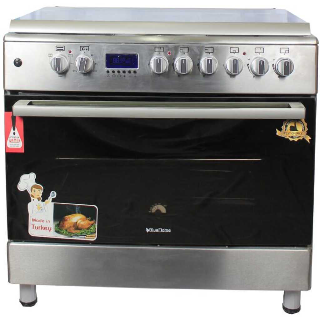 Blueflame Cooker 90x60cm 4-Gas Burners, 2-Electric Plates 9042ERF; Auto Ignition, Grill, Electric Oven, Rotisserie - INOX - Silver