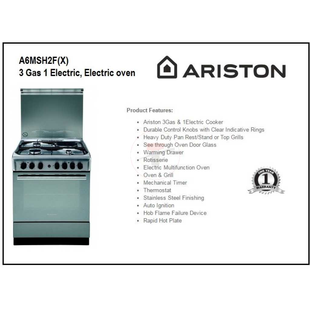 Ariston Cooker A6MSH2F(X) 60cm; 3 Gas, 1 Electric Hot Plate, Electric Oven, Timer, Electric Grill, Rotiserrie