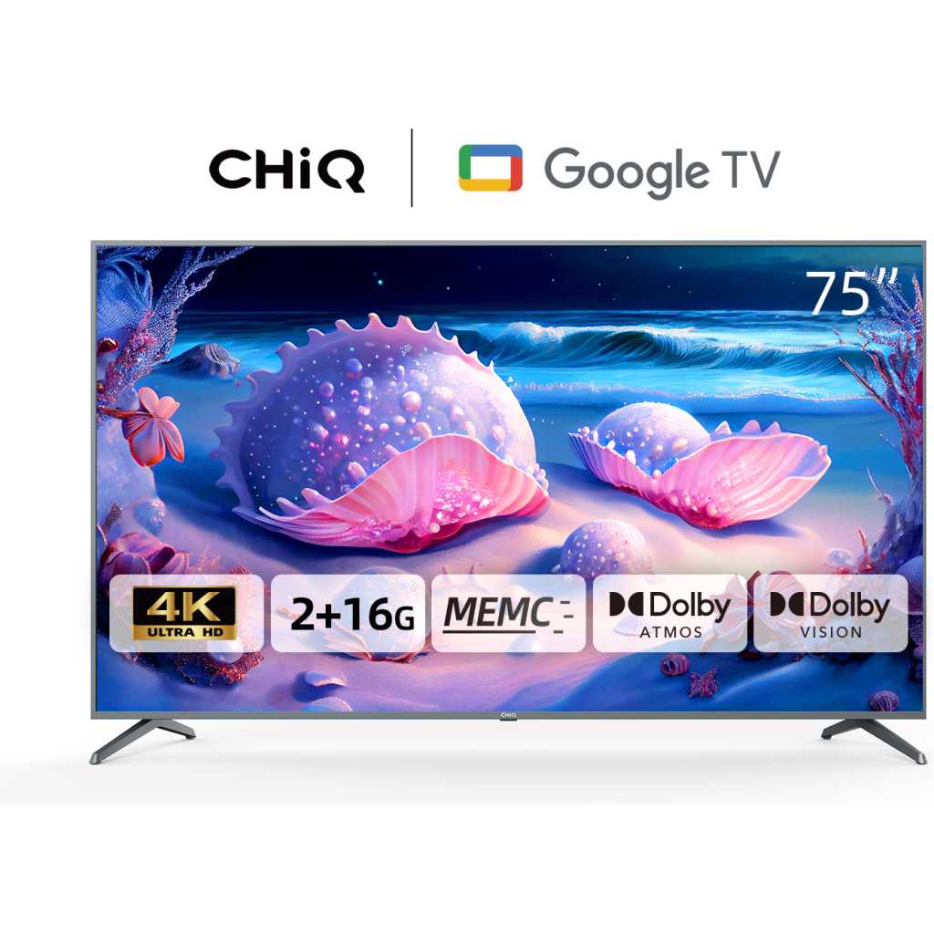 CHiQ 75 - Inch  UHD 4K Smart TV U75F8TG; Google TV, Android 11, Bluetooth, USB, HDR10, HLG, Netflix, Youtube, With Inbuilt Free To Air Decoder - Black