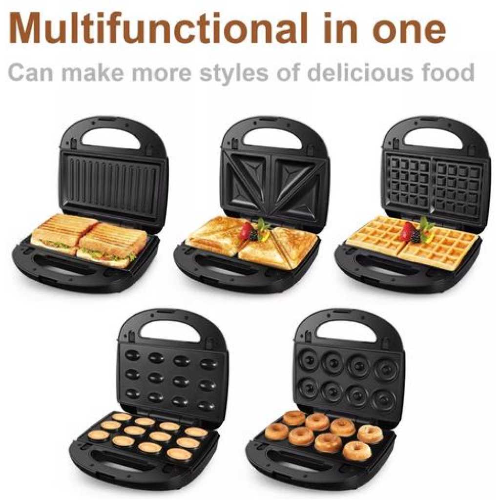 Sonifer 5 in1 Waffle Donut Sandwich Maker Pan Iron Removable Plates Donut- Black