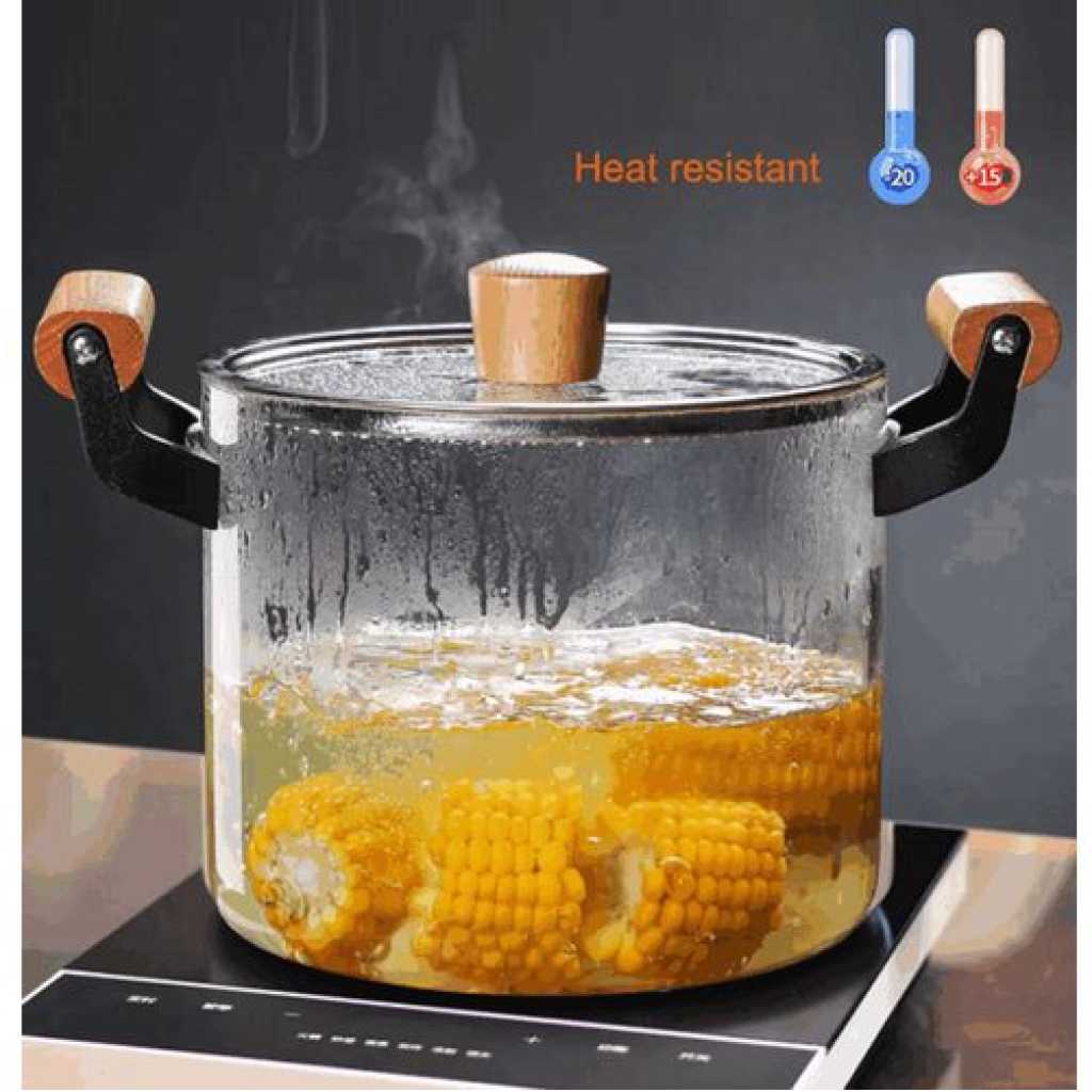 3.5L High Borosilicate Clear Glass Induction Stove Cooking Pot Dish With Wooden Handle- Clear