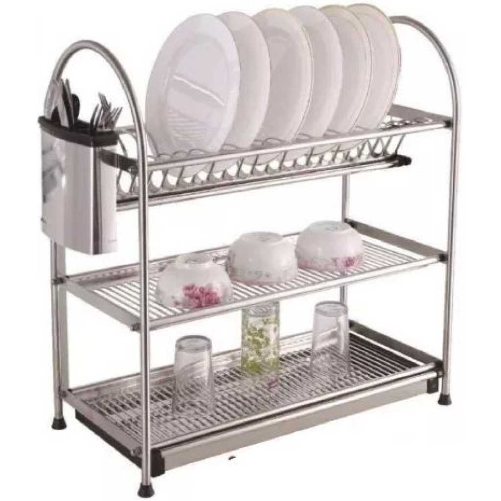 3 Tier Dish Drying Rack Dish Drainer Kitchen Stainless Steel Storage Stand- Silver.