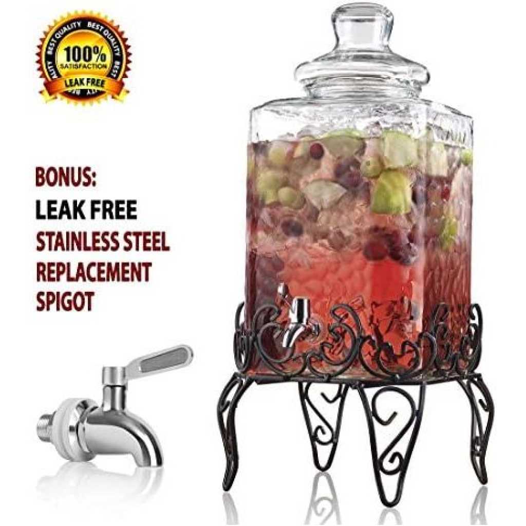 Hammered Glass Beverage Dispenser With Scroll Iron Stand, Stainless Steel Leak Free Spigot- Clear.