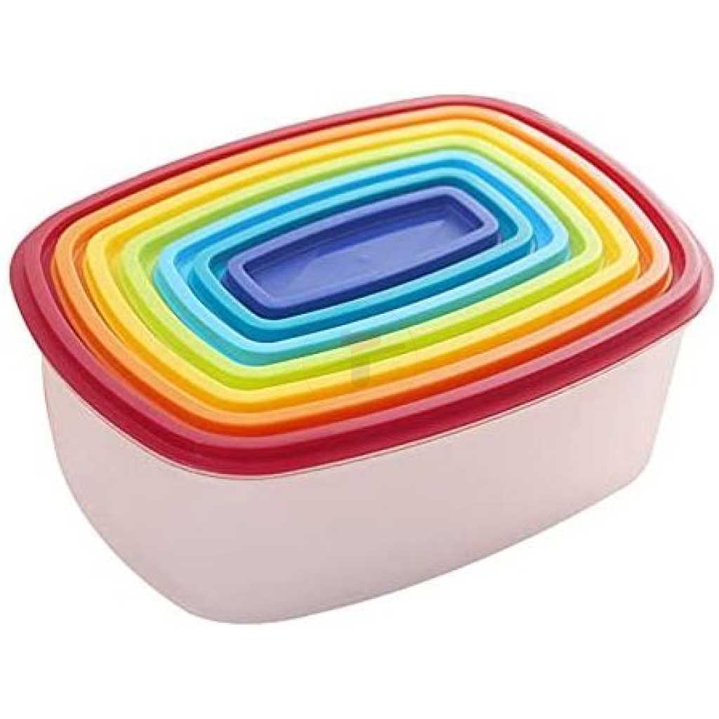 7 Piece Rainbow Plastic Fridge Storage Food Containers With Leakproof Lids- Multi-colour.