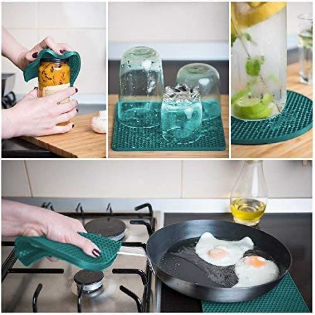 4 PC Square Silicone Trivet Pot Holders Drying Heat Resistant Non-Slip Mats Cup Coasters- Green.