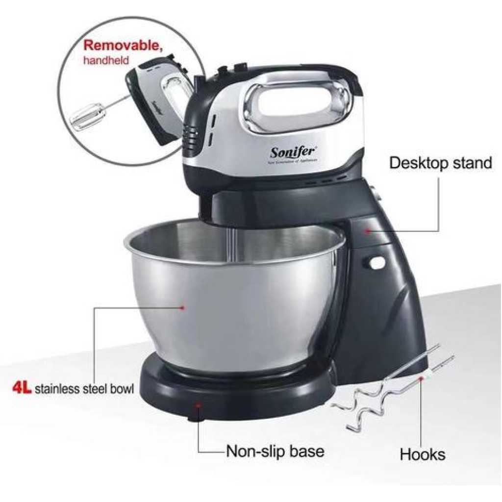 Sonifer 4L Electric Dough Hand Stand Mixer Food Processor With Bowl- Silver .