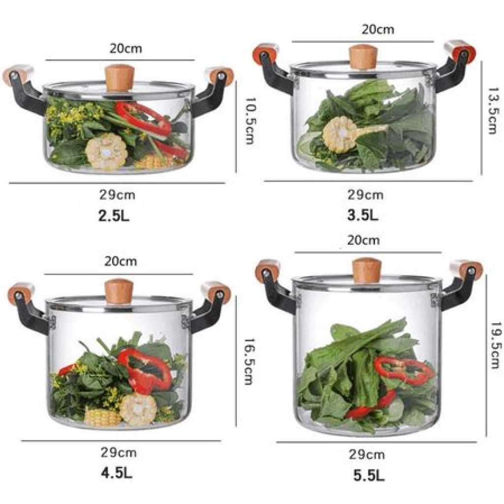 3.5L High Borosilicate Clear Glass Induction Stove Cooking Pot Dish With Wooden Handle- Clear