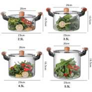 3.5L High Borosilicate Clear Glass Induction Stove Cooking Pot Dish With Wooden Handle- Clear