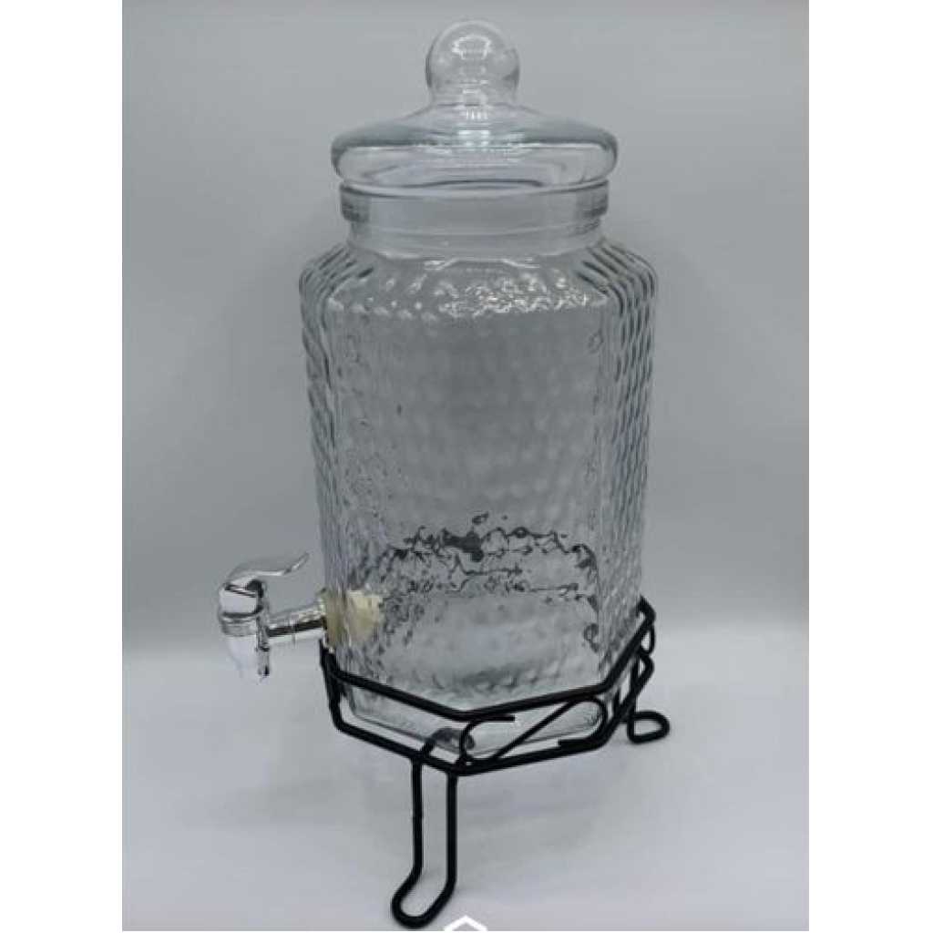 Hammered Glass Beverage Dispenser With Scroll Iron Stand, Stainless Steel Leak Free Spigot- Clear.