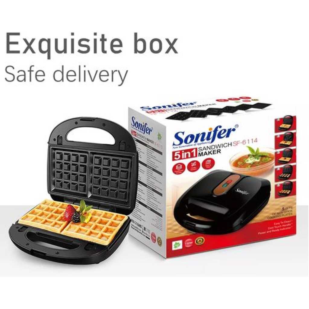 Sonifer 5 in1 Waffle Donut Sandwich Maker Pan Iron Removable Plates Donut- Black