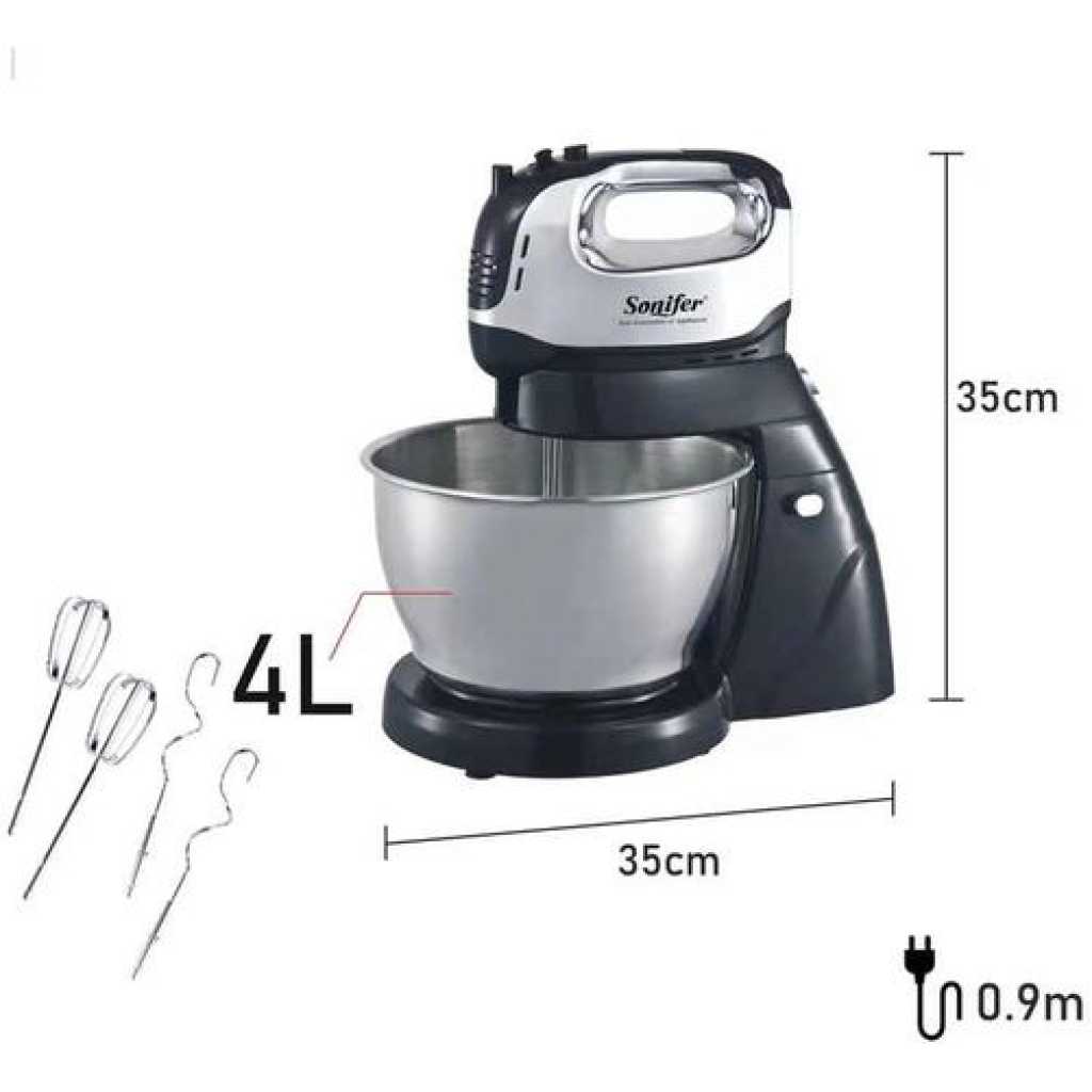 Sonifer 4L Electric Dough Hand Stand Mixer Food Processor With Bowl- Silver .