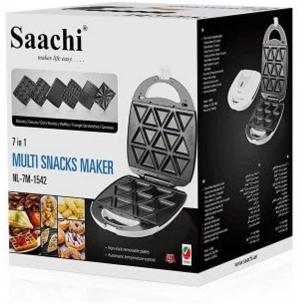 Saachi 7 in1 Multi Snacks Maker, Donut, Sandwich, Biscuit, Nutties, Samusas- White.