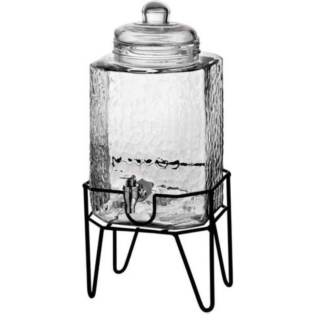 Hammered Glass Beverage Dispenser With Scroll Iron Stand, Stainless Steel Leak Free Spigot- Clear.