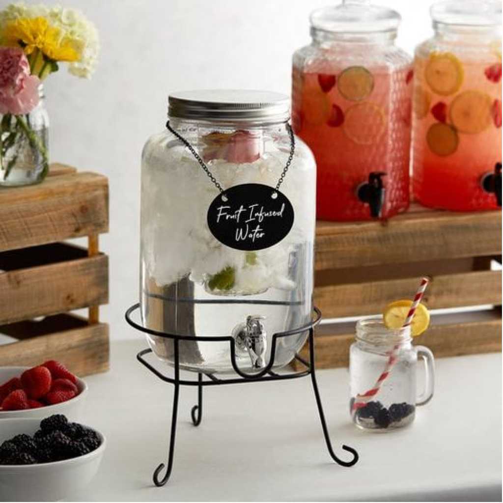5L Glass Beverage Dispenser With Scroll Iron Stand, Stainless Steel Leak Free Spigot- Clear.