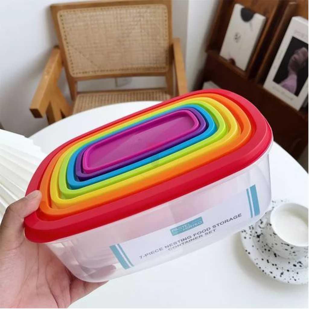 7 Piece Rainbow Plastic Fridge Storage Food Containers With Leakproof Lids- Multi-colour.