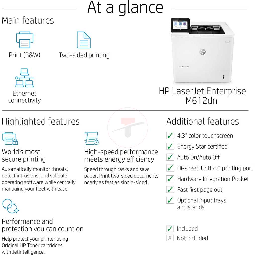 HP LaserJet Enterprise M612dn Monochrome Printer with built-in Ethernet & 2-sided printing