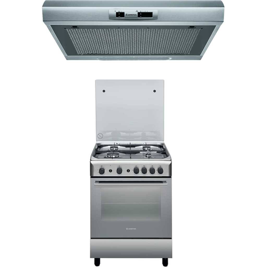 Ariston A6GG1FX - SS,60 x 60 4 Gas Oven, Grill , Auto IGN & Auto Safety, Rotisserie And Ariston 60cm Slim Cooker Hood