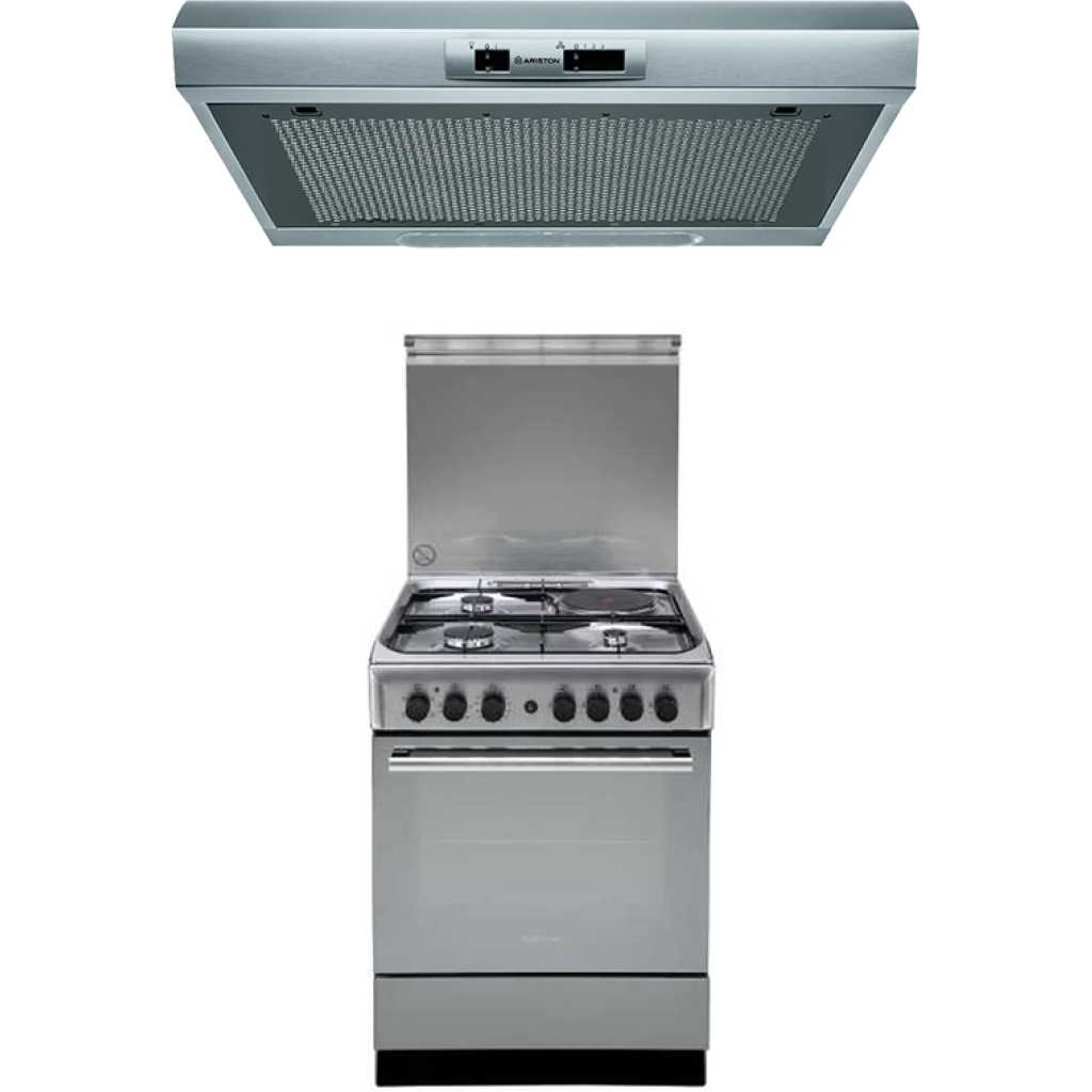 Ariston Cooker A6MSH2F(X) 60cm; 3 Gas, 1 Electric Hot Plate, Electric Oven, Timer, Electric Grill, Rotiserrie And Ariston 60cm Cooker Hood