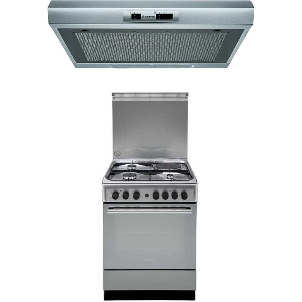 Ariston Cooker A6MSH2F(X) 60cm; 3 Gas, 1 Electric Hot Plate, Electric Oven, Timer, Electric Grill, Rotiserrie And Ariston 60cm Cooker Hood