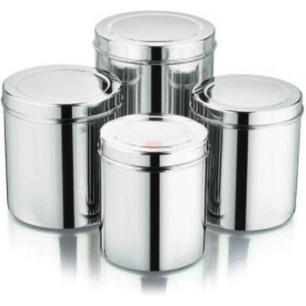 Stainless Steel Deep Tins With Lids (Set of 4) -(Capacity of 3 L, 2.5 L, 1.8 L, 1.25 L) - Vertical Storage Container - Silver.