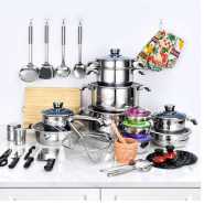 50pcs Stainless Steel Cookware Sets Cooking Frying Pans Pots Saucepan Nonstick- Silver