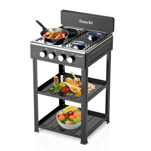 Saachi Stainless Steel Gas Burner With 2 Gas Tops, 2 Hot Plates & Shelves NL-GAS-5358 - Black