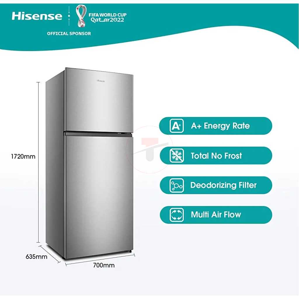 Hisense 488 - liters Refrigerator RT488N4ASU; Double Door Fridge, Frost Free Top Mount Freezer - Silver