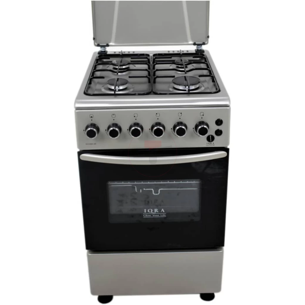 IQRA Full Gas Cooker 50x60cm, IQ-C2001SS 4-Gas Burners Cooker, Auto Ignition, With Gas Oven, Grill & Rotisserie - Stainless Steel