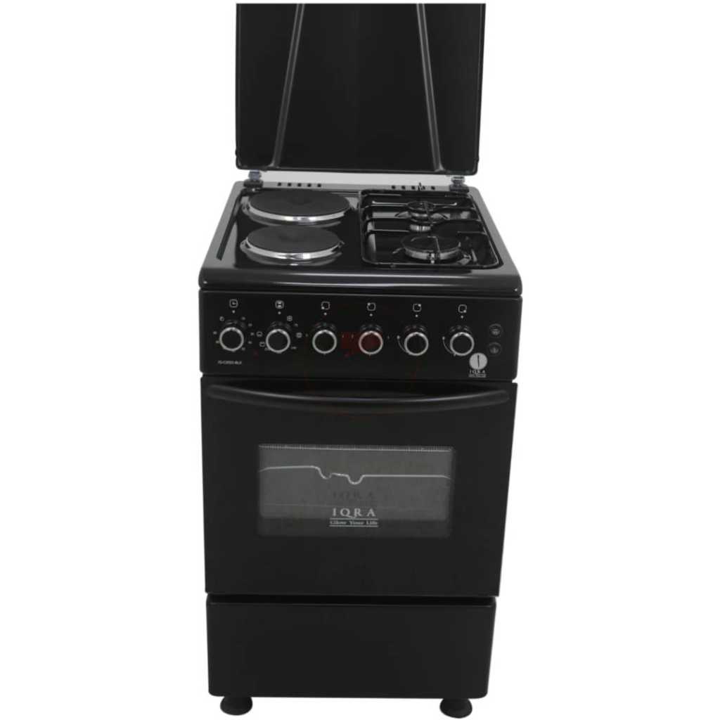 IQRA Cooker 50x60cm, IQ-C2022-BLK; 2-Gas + 2-Electric Cooker, Auto Ignition, With Electric Oven, Grill & Rotisserie - Black