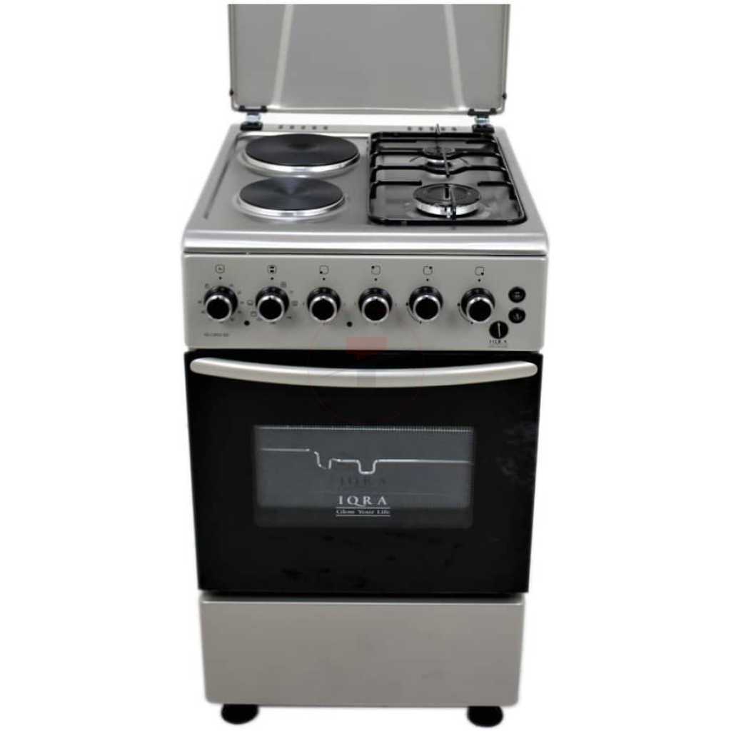 IQRA Cooker 50x60cm, IQ-C2022-SS; 2-Gas + 2-Electric Cooker, Auto Ignition, With Electric Oven, Grill & Rotisserie - Stainless Steel