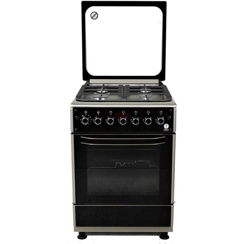 IQRA Full Gas Cooker 60x60cm, IQ-FC6001SS 4-Gas Burners Cooker, Auto Ignition, With Gas Oven, Grill & Rotisserie - Stainless Steel